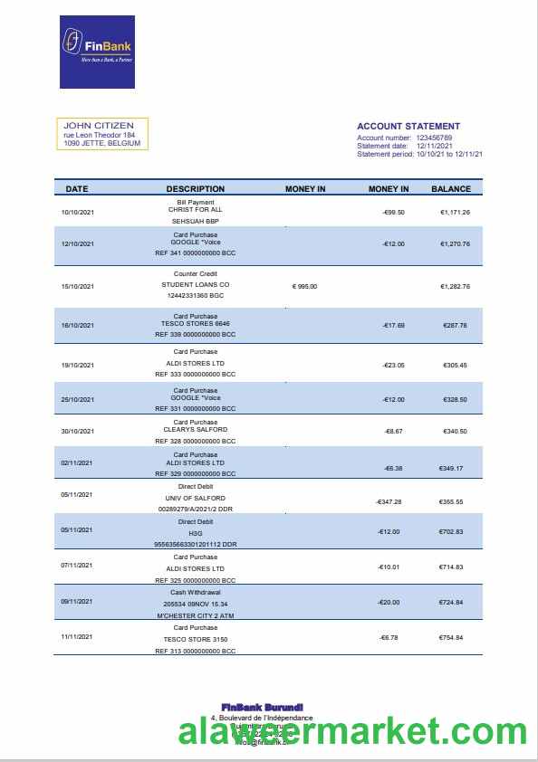 Burundi Finbank statement template, Word and PDF format